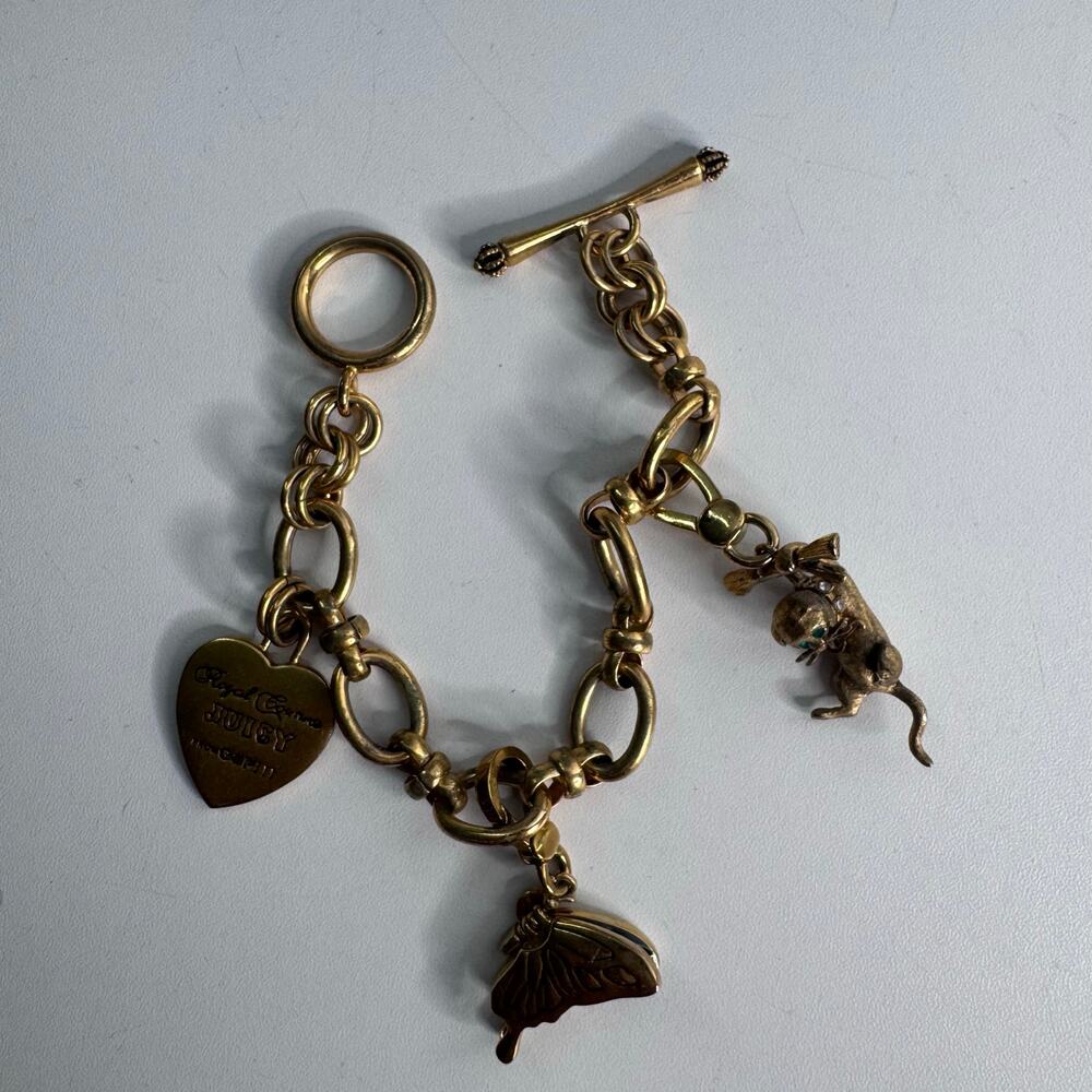 Juicy Couture Y2K Gold Tone Charm Toggle Bracelet Crystal Heart, Butterfly, Cat